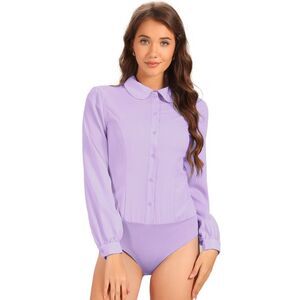 Button Down Leotard Shirt Long Sleeve Work Blouse Tops Light Purple
